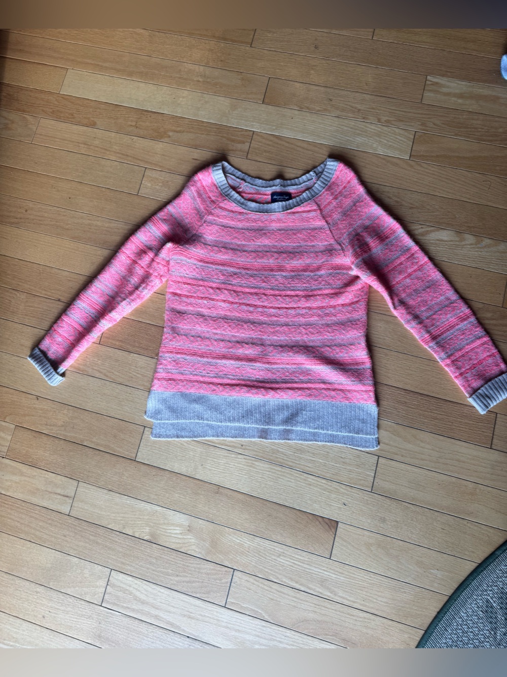 American Eagle Outfitters Pink Striped Crewneck Sweater with Cream Trim